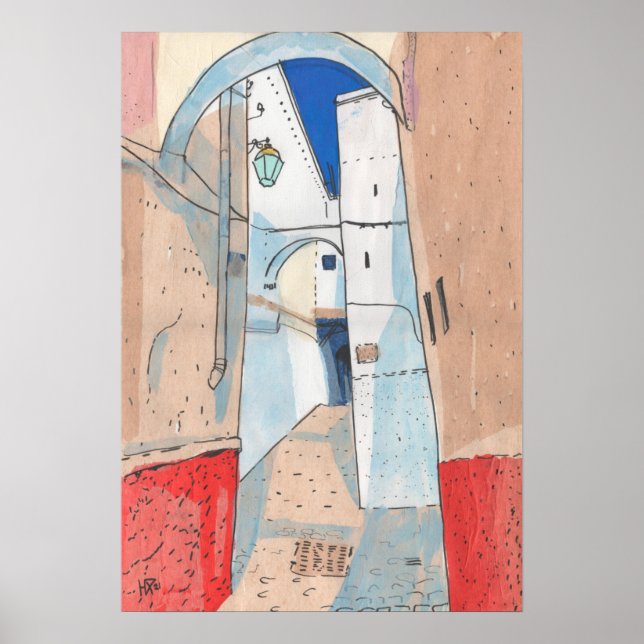 Morocco Street Cityscape Paper Collage Sketch Art  Poster (Front)