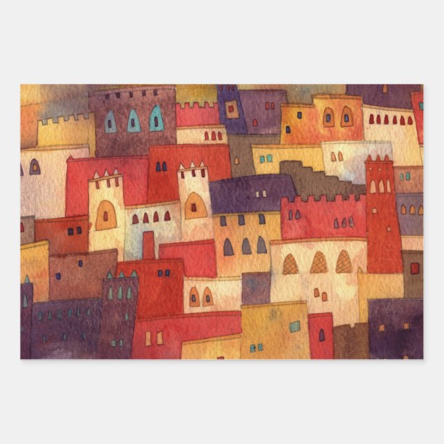 Morocco Watercolor Architecture Wrapping Paper Sheet (Front)