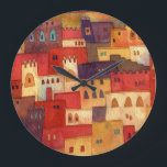 Morocco Watercolor Large Clock<br><div class="desc">Watercolor painting of the village of Ait Benhaddou in Morocco.  Warm earthy colours and distinctive architecture feature.  Original art by Nic Squirrell.</div>