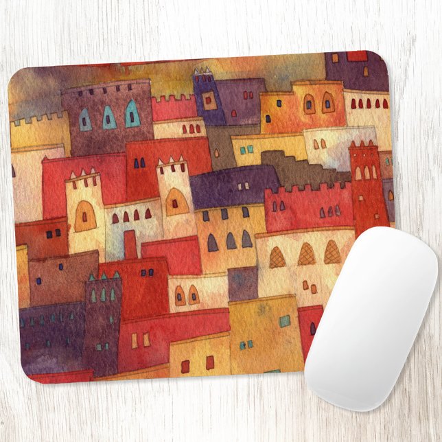 Morocco Watercolor Mouse Mat (Morrocco watercolor townscape art mousemat)