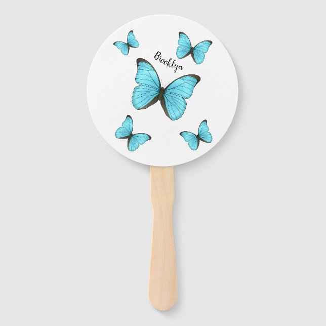 Morpho butterflies cartoon illustration  hand fan (Front)