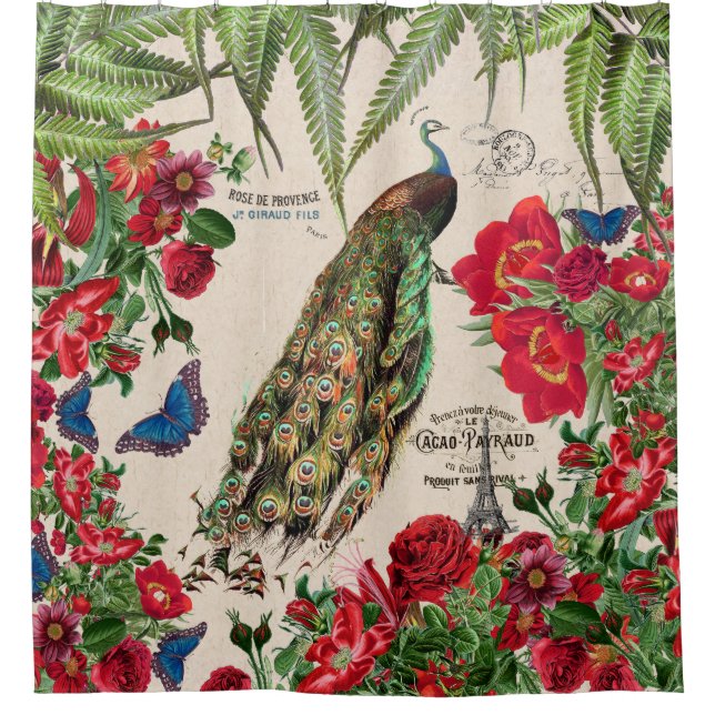 Morpho Butterflies Peacock Flowers Shower Curtain (Front)