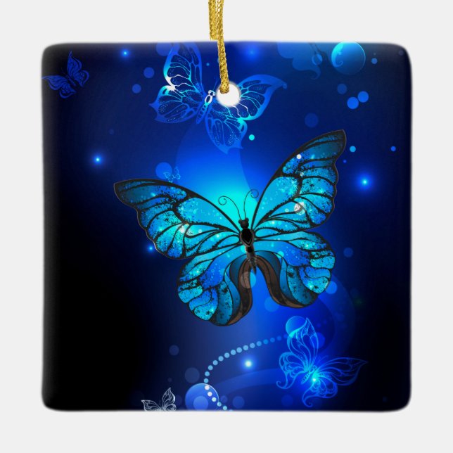 Morpho Butterfly in the Dark Background Ceramic Ornament (Front)