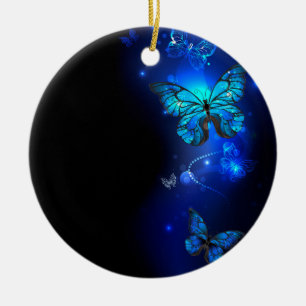 Morpho Butterfly in the Dark Background Ceramic Tree Decoration