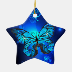 Morpho Butterfly in the Dark Background Ceramic Tree Decoration