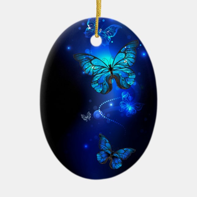 Morpho Butterfly in the Dark Background Ceramic Tree Decoration (Front)