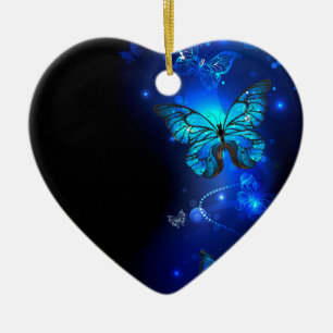 Morpho Butterfly in the Dark Background Ceramic Tree Decoration