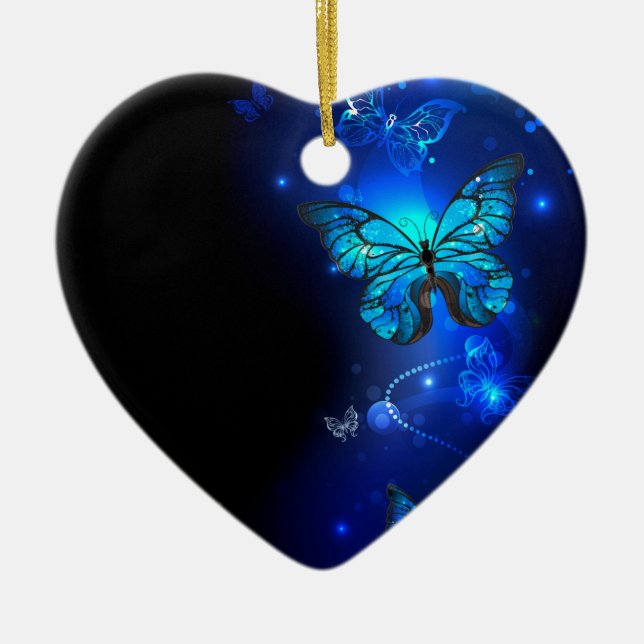 Morpho Butterfly in the Dark Background Ceramic Tree Decoration (Front)