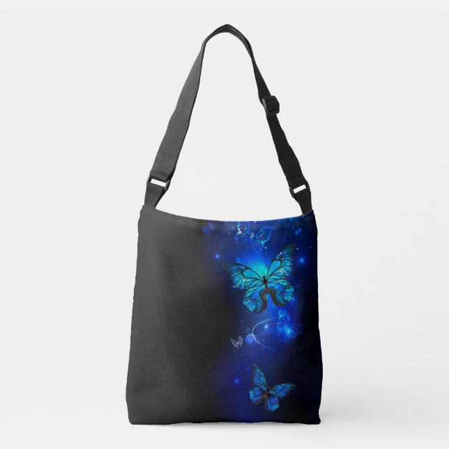 Morpho Butterfly in the Dark Background Crossbody Bag (Front)