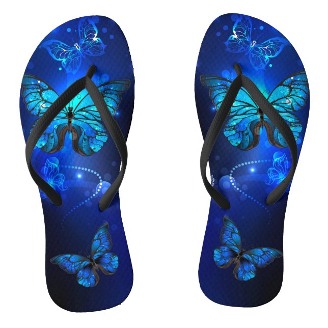 Morpho Butterfly in the Dark Background Flip Flops (Footbed)