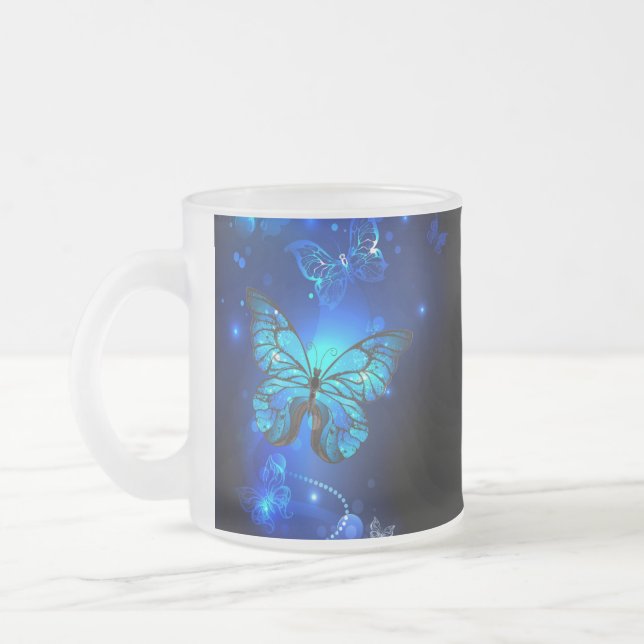 Morpho Butterfly in the Dark Background Frosted Glass Coffee Mug (Left)