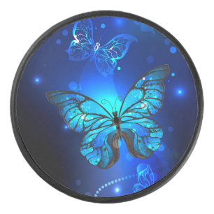 Morpho Butterfly in the Dark Background Hockey Puck