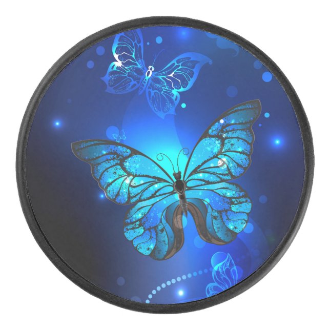 Morpho Butterfly in the Dark Background Hockey Puck (Front)