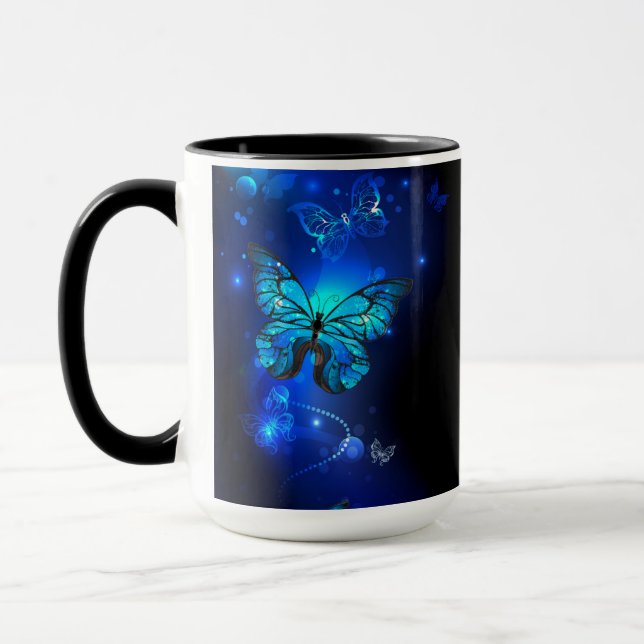 Morpho Butterfly in the Dark Background Mug (Left)