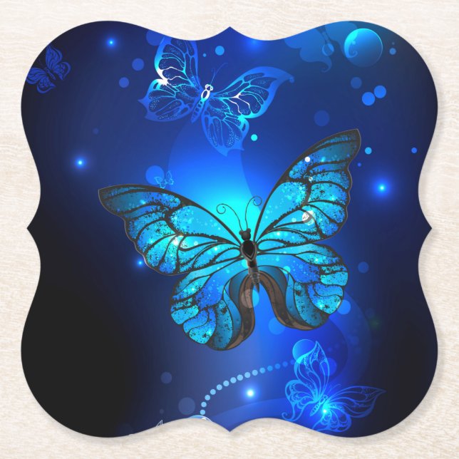 Morpho Butterfly in the Dark Background Paper Coaster (Front)