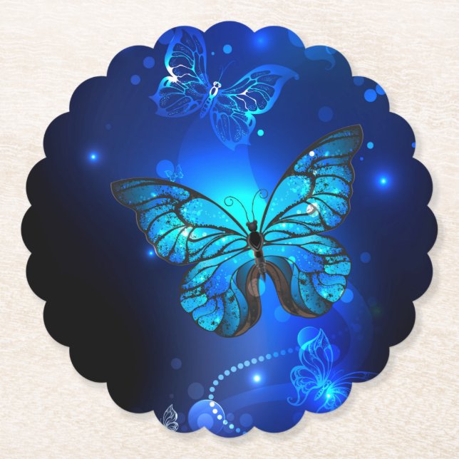 Morpho Butterfly in the Dark Background Paper Coaster (Front)