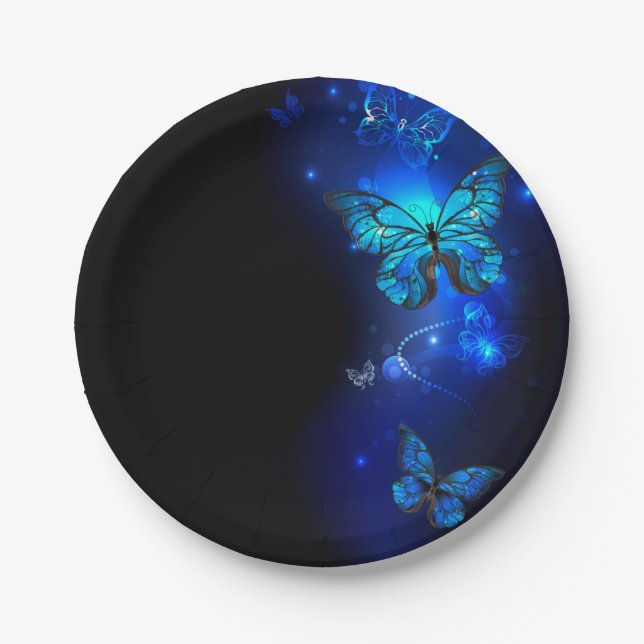 Morpho Butterfly in the Dark Background Paper Plate (Front)