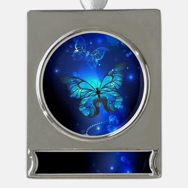 Morpho Butterfly in the Dark Background Silver Plated Banner Ornament (Front)