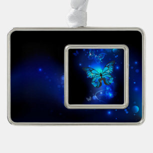 Morpho Butterfly in the Dark Background Silver Plated Framed Ornament