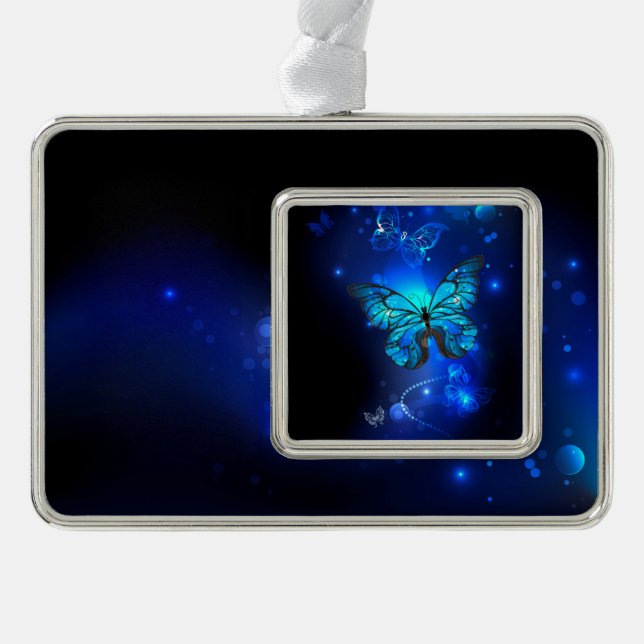 Morpho Butterfly in the Dark Background Silver Plated Framed Ornament (Front)