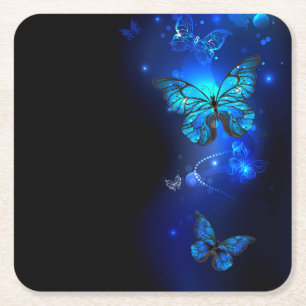 Morpho Butterfly in the Dark Background Square Paper Coaster