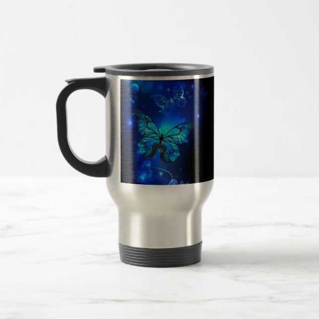 Morpho Butterfly in the Dark Background Travel Mug (Left)