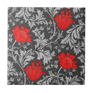 Morris Anemone Pattern, Grey / Grey and Red Tile