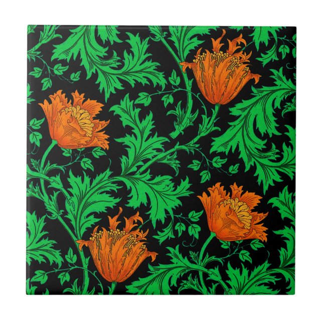 Morris Anemone Pattern, Orange, Green and Black Tile (Front)