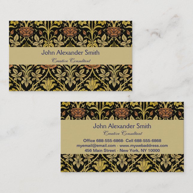 Morris Black Background Rose & Lily Flower Pattern Business Card (Front/Back)