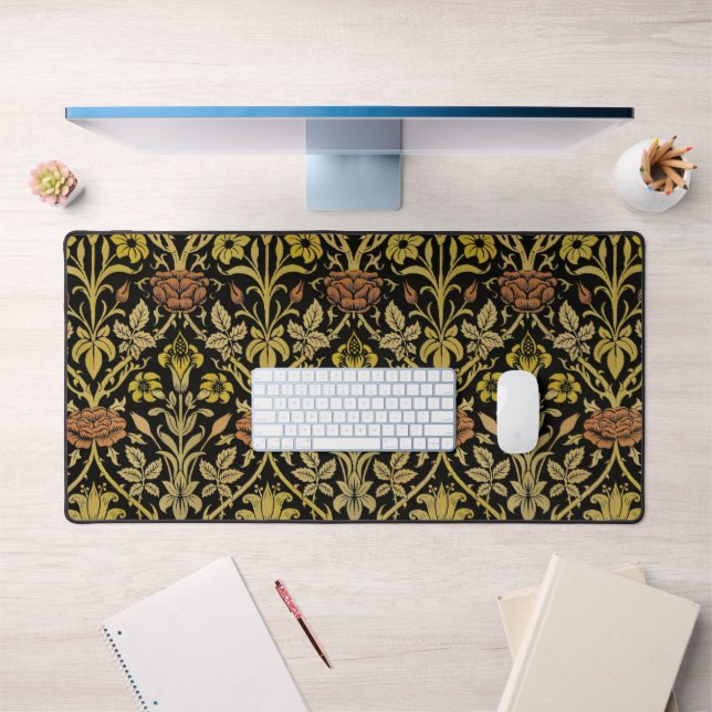 Morris Black Background Rose & Lily Flower Pattern Desk Mat (Office 1)