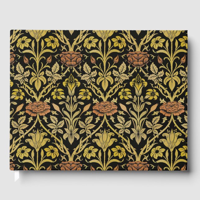 Morris Black Background Rose & Lily Flower Pattern Guest Book (Front)