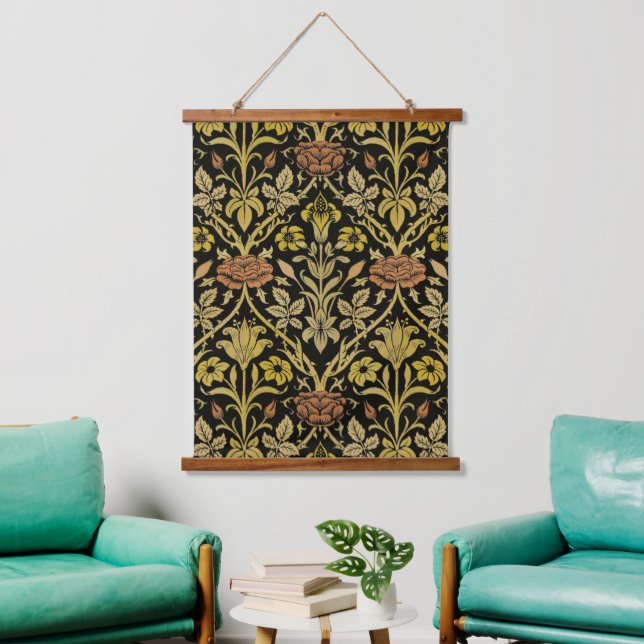 Morris Black Background Rose & Lily Flower Pattern Hanging Tapestry (Living Room)