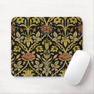 Morris Black Background Rose & Lily Flower Pattern Mouse Mat