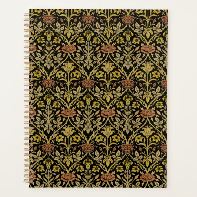 Morris Black Background Rose & Lily Flower Pattern Planner (Front)