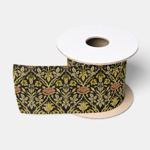 Morris Black Background Rose & Lily Flower Pattern Satin Ribbon