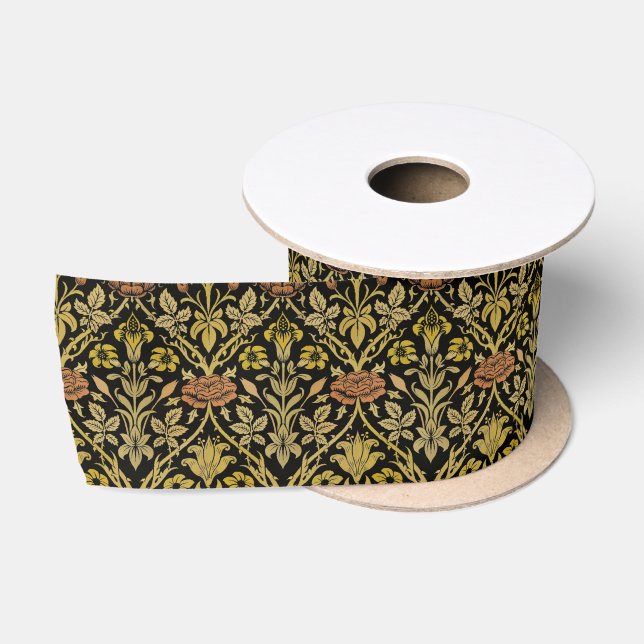 Morris Black Background Rose & Lily Flower Pattern Satin Ribbon (Spool)