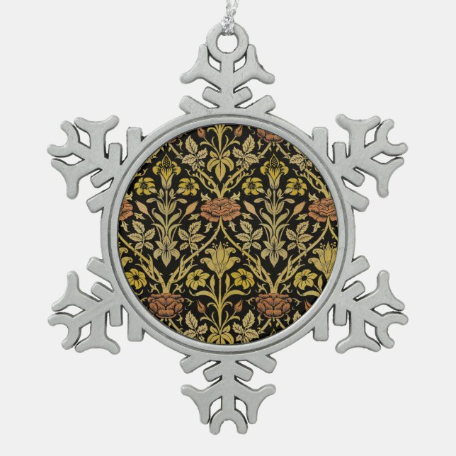 Morris Black Background Rose & Lily Flower Pattern Snowflake Pewter Christmas Ornament (Front)