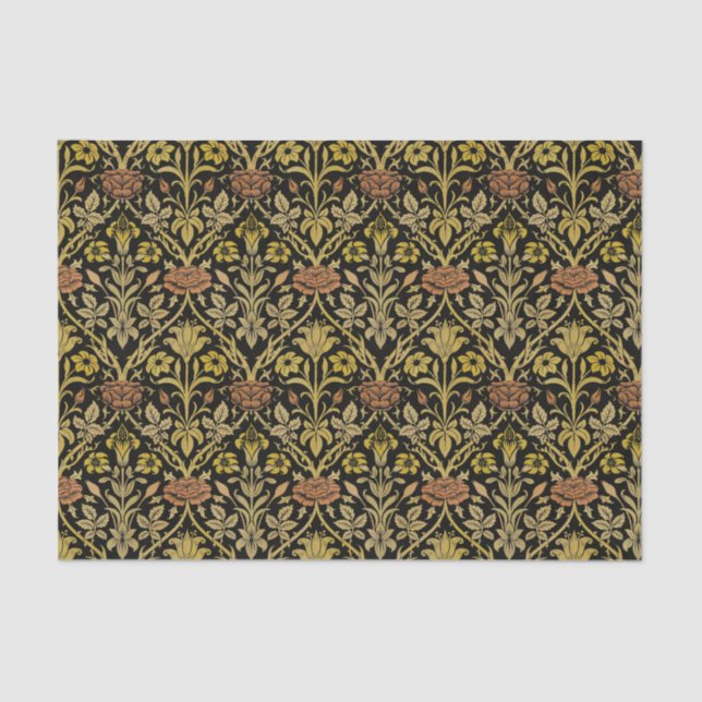 Morris Black Background Rose & Lily Flower Pattern Tissue Paper (Front)