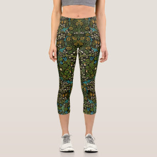 Morris Black Background Vintage Blackthorn Pattern Capri Leggings