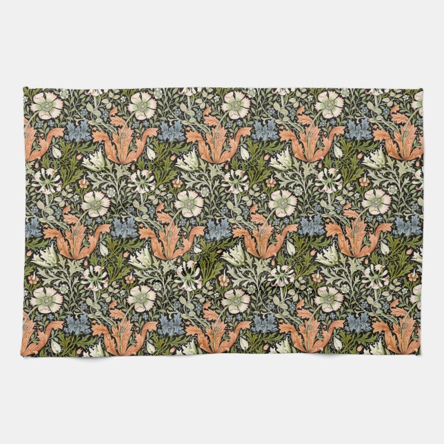 Morris BlackBackground 1896 Compton Floral Pattern Tea Towel (Horizontal)