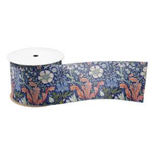 Morris Blue Background 1896 Compton Floral Pattern Satin Ribbon