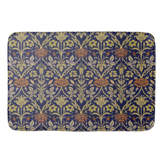 Morris Blue Background Rose & Lily Flower Pattern Bath Mat (Front)