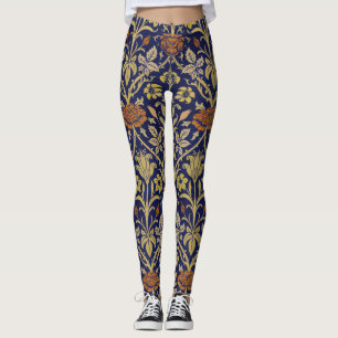Morris Blue Background Rose & Lily Flower Pattern Leggings