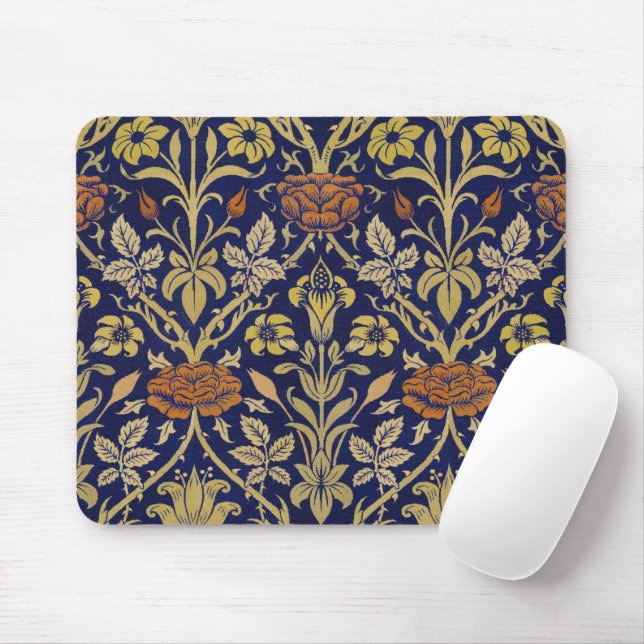 Morris Blue Background Rose & Lily Flower Pattern Mouse Mat (With Mouse)