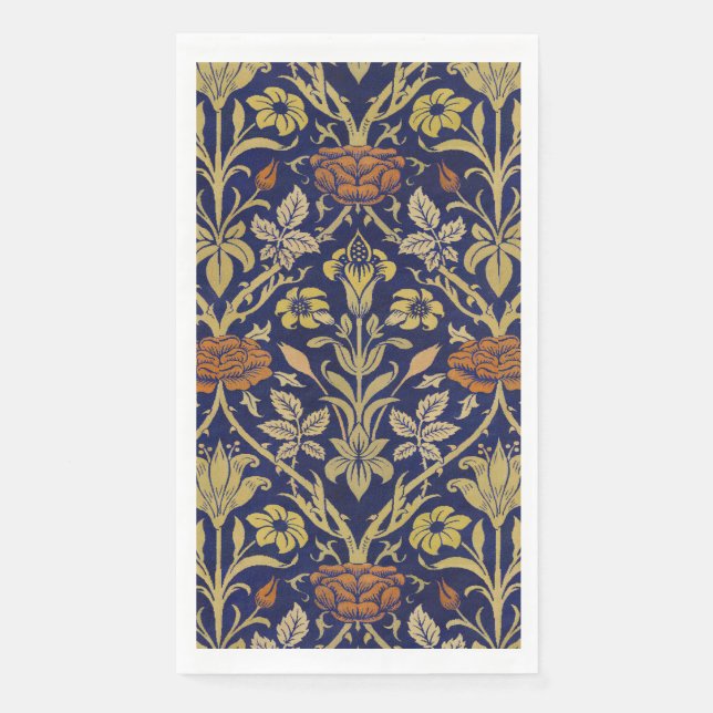 Morris Blue Background Rose & Lily Flower Pattern Napkin (Front)
