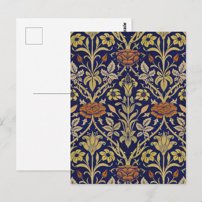 Morris Blue Background Rose & Lily Flower Pattern Postcard (Front/Back)