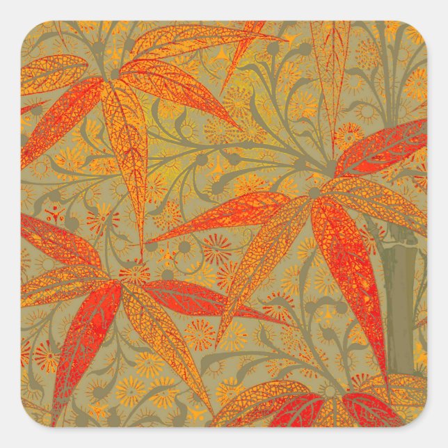 Morris & Co. Bamboo Pattern Godwin Orange & Sage Square Sticker (Front)