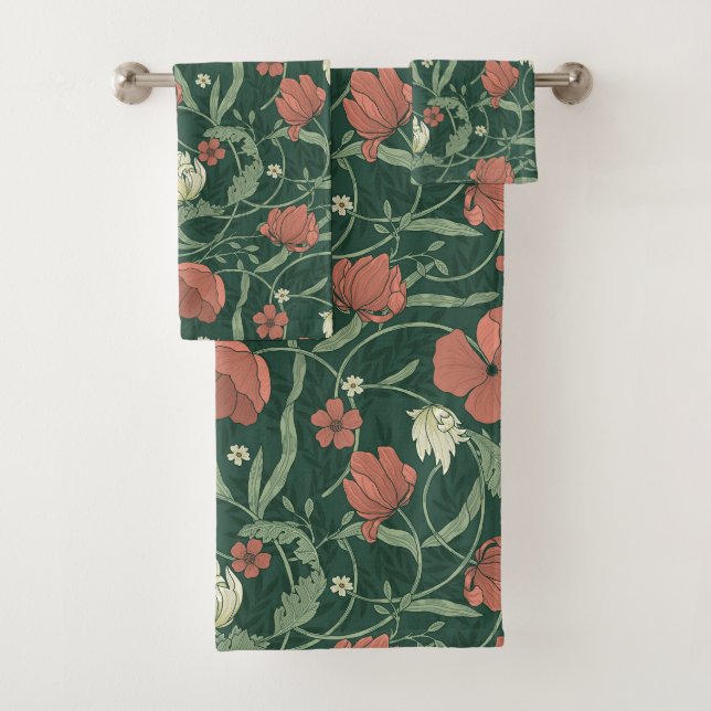 Morris Garden Green & Red Floral Bath Towel Set (Insitu)