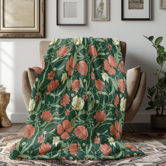 Morris Garden Green & Red Floral Fleece Blanket (Creator Uploaded)