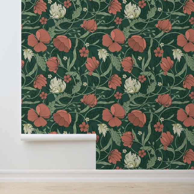 Morris Garden Green & Red Wallpaper (Application)